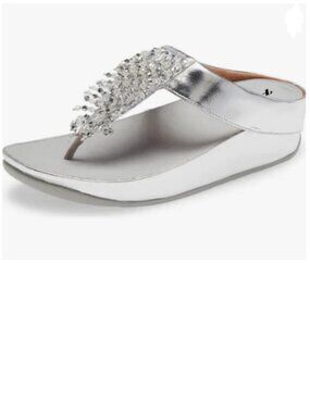 FYS Silver Toe Post Slide Sandals Platform Flip Flops Beaded Thong Strap Mules